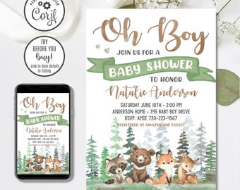 Woodland Animals Baby Shower Invitation Template, Oh Boy Invite Editable