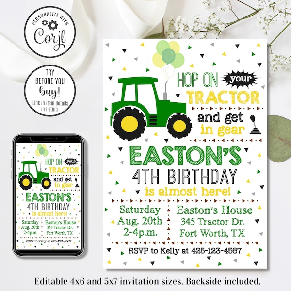 Editable Tractor Birthday Invitation, Tractor Invitation, Start Your Tractor, 4x6 & 5x7