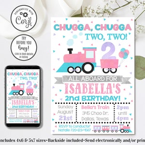 Invitación editable de tren para niña, invitación de cumpleaños en tren, segundo cumpleaños de niña, 4 x 6 y 5 x 7