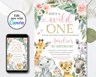 Editable Safari Birthday Invitation, Girl Wild One Invitation, Jungle Animals Invitation, 1st Birthday Invitation, 4x6 & 5x7