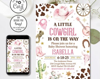 Editable Cowgirl Baby Shower Invitation, A Little Cowgirl Baby Shower Invitation, Wild West Shower Invitation, Baby Shower Invite, 4x6 & 5x7