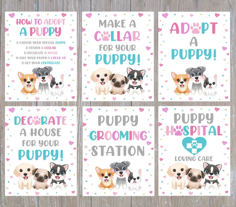 May include: A set of six colorful puppy-themed signs with text like "How to Adopt a Puppy" and "Decorate a House for Your Puppy!" Each sign features adorable cartoon puppies and decorative hearts.