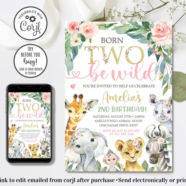 Editable Safari Birthday Invitation, Girl Born Two Be Wild Invitation, Jungle Animals Invitation, 2nd Birthday Invitation, 4x6 & 5x7