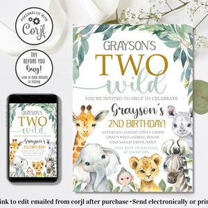 Editable Safari Birthday Invitation, Boy Two Wild Invitation, Jungle Animals Invitation, Boy 2nd Birthday Invitation, 4x6 & 5x7