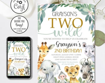 Editable Safari Birthday Invitation, Boy Two Wild Invitation, Jungle Animals Invitation, Boy 2nd Birthday Invitation, 4x6 & 5x7
