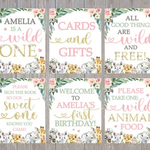 Placas editáveis para festa de safári, placas de aniversário Wild One, pôster de aniversário de animais da selva, pôster de 1º aniversário, 8x10