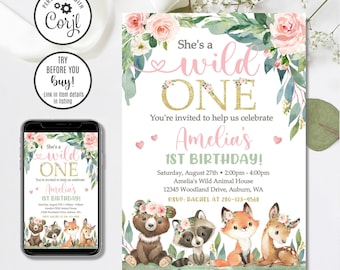 Wild One Birthday Invitation Template, Editable Woodland Animals Invite
