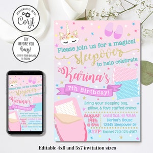 Editable Unicorn Sleepover Invitation, Unicorn Sleepover Birthday Invitation, 4x6 & 5x7
