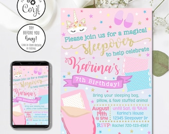 Unicorn Sleepover Birthday Invitation Template, Editable Slumber Party Invite