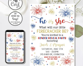 Editable 4th of July Gender Reveal Invitation, Fireworks Gender Reveal Invitation, 4x6 & 5x7