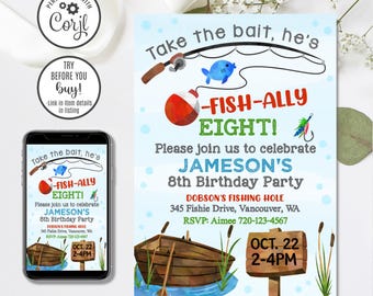 Fishing Birthday Party Invitation Template, Editable Fish Invite (Instant Download)