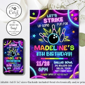 Editable Bowling Birthday Invitation, Glow Bowling Invitation, Bowling Invitation, Glow Invitation, Strike Up Some Fun, 4x6 & 5x7