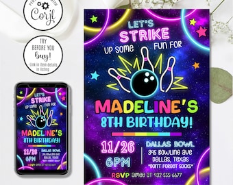 Editable Bowling Birthday Invitation, Glow Bowling Invitation, Bowling Invitation, Glow Invitation, Strike Up Some Fun, 4x6 & 5x7