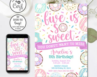 Donut 5th Birthday Invitation Template, Editable Five is Sweet Invite