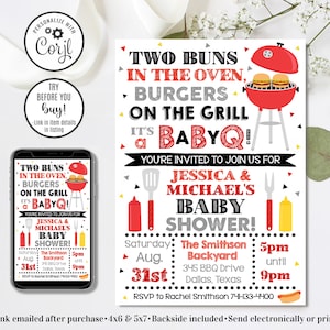 Editable Twins BBQ Baby Shower Invitation, BaByQ Invitation, Twins Baby Shower Invitation, 4x6 & 5x7