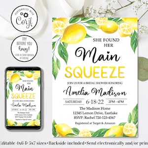 Editable She Found Her Main Squeeze Bridal Shower Invitation, Main Squeeze Bridal Shower, Bridal Shower Invitation, 4x6 & 5x7