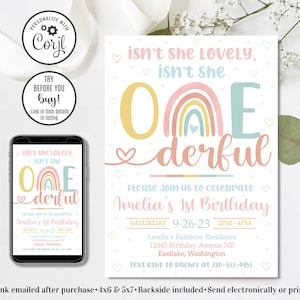 Editable Onederful Birthday Invitation, Rainbow Invitation, Boho Invite, First Birthday, 1st Birthday Invitation, 4x6 & 5x7