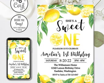 Sweet One Birthday Invitation Template, Editable Lemon 1st Birthday Invite