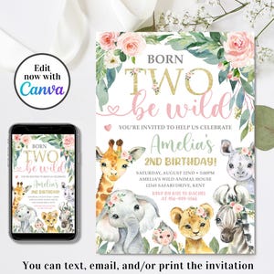 Invito di compleanno modificabile a tema safari, invito "Girl Born Two Be Wild", invito con animali della giungla, invito per il secondo compleanno, 4x6 e 5x7