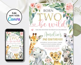 Editable Safari Birthday Invitation, Girl Born Two Be Wild Invitation, Jungle Animals Invitation, 2nd Birthday Invitation, 4x6 & 5x7