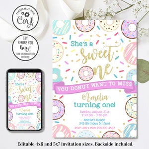 Editable Sweet One Invitation, Donut Invitation, Donut 1st Birthday, 1st Birthday Invitation, 4x6 & 5x7