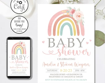 Rainbow Baby Shower Invitation Template, Editable Gender Neutral Invite