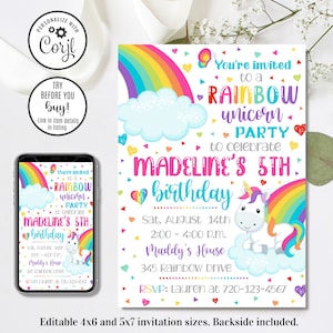 Editable Rainbow Unicorn Invitation, Rainbow Birthday Invitation, Unicorn Birthday invitation, 4x6 & 5x7