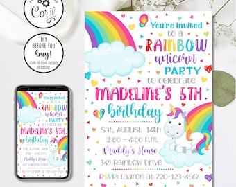 Editable Rainbow Unicorn Invitation, Rainbow Birthday Invitation, Unicorn Birthday invitation, 4x6 & 5x7