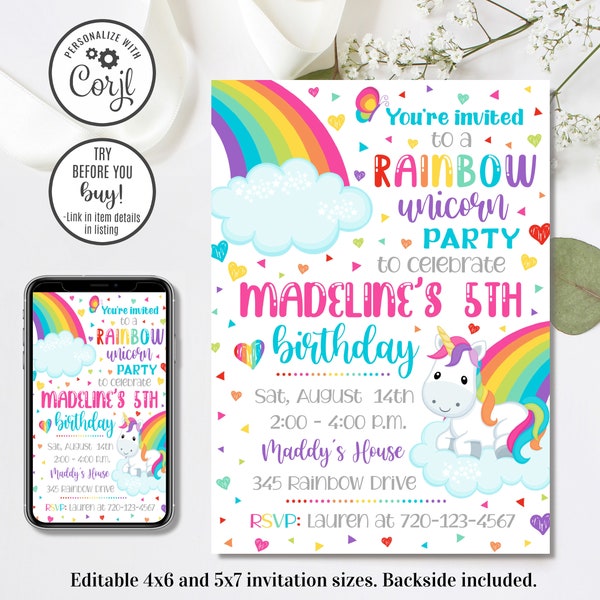 Editable Rainbow Unicorn Invitation, Rainbow Birthday Invitation, Unicorn Birthday invitation, 4x6 & 5x7