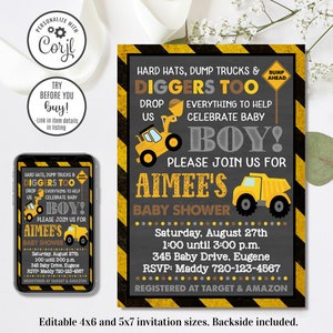 May include: A yellow and black construction themed baby shower invitation with the text "Hard Hats, Dump Trucks & Diggers Too" and "Please Join Us For Aimee's Baby Shower". The invitation includes a date, time, address, and RSVP information. The invitation is decorated with images of construction vehicles.