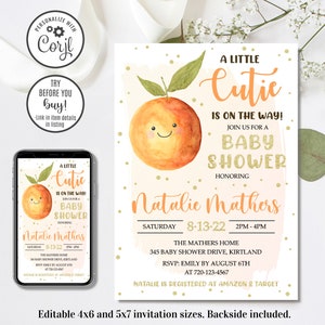 Editable A Little Cutie Baby Shower Invitation, Orange Baby Shower Invitation, Fruit Baby Shower Invite, 4x6 & 5x7