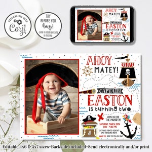 Editable Pirate Birthday Invitation, Pirate Invitation, Ahoy Mateys, 4x6 & 5x7