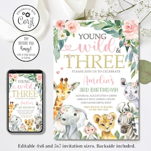 Editable Safari Birthday Invitation, Girl Young Wild and Three Invitation, Jungle Animals Invitation, 4x6 & 5x7