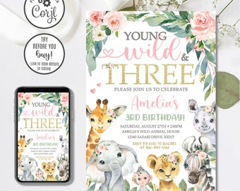 Editable Safari Birthday Invitation, Girl Young Wild and Three Invitation, Jungle Animals Invitation, 4x6 & 5x7