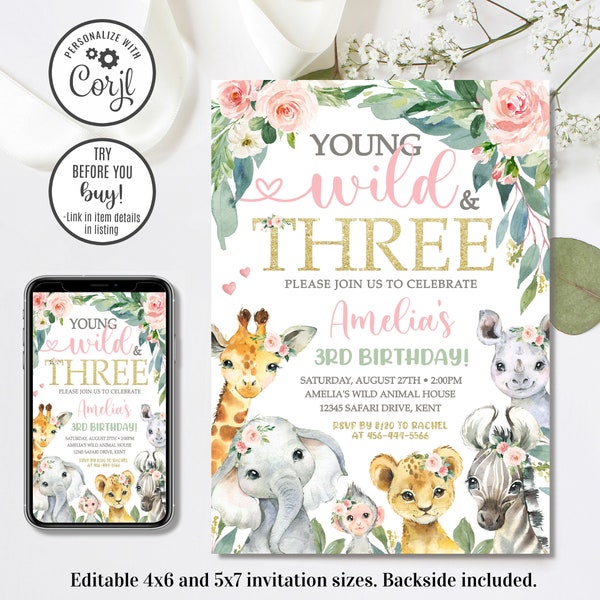 Editable Safari Birthday Invitation, Girl Young Wild and Three Invitation, Jungle Animals Invitation, 4x6 & 5x7