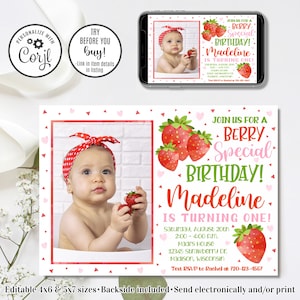 Editable Strawberry Birthday Invitation, Strawberry Invitation, Berry 1st Birthday, 1st Birthday Invitation, 4x6 & 5x7