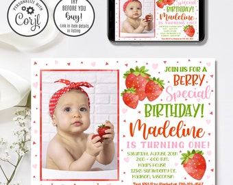 Editable Strawberry Birthday Invitation, Strawberry Invitation, Berry 1st Birthday, 1st Birthday Invitation, 4x6 & 5x7