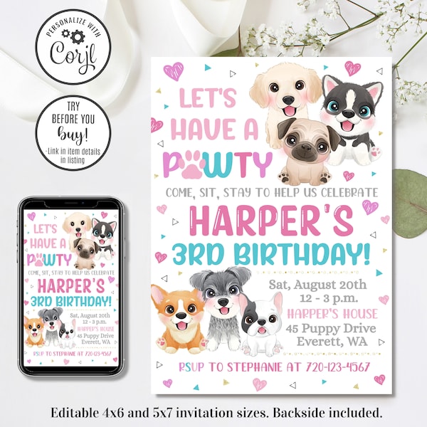 Faire-part de chiot modifiable, Invitation d'anniversaire de chiot, chiot Pawty, venez vous asseoir, 4 x 6 et 5 x 7