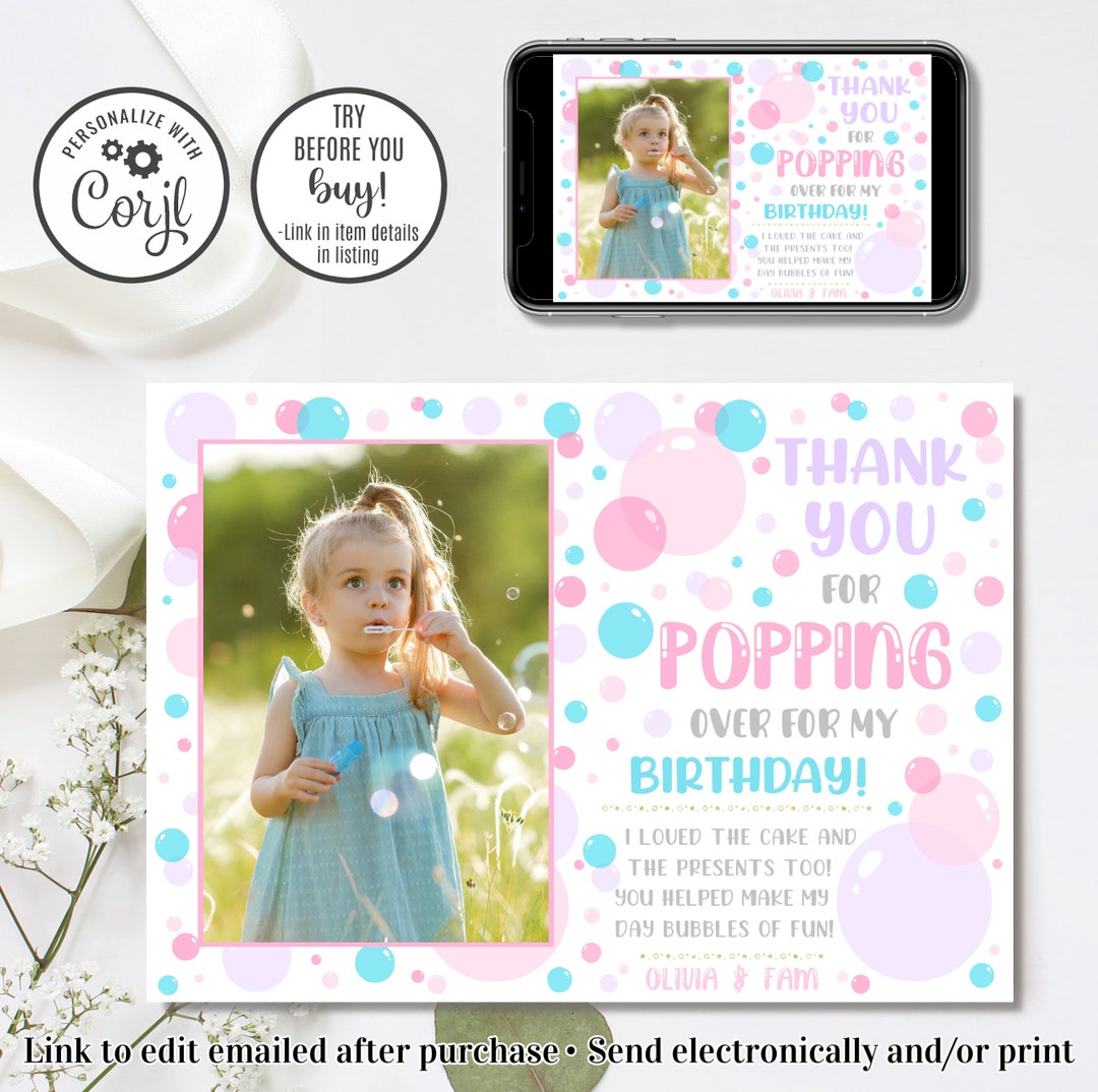 Editable Bubble Thank You Card, Bubble Birthday, Thanks for Popping on ...