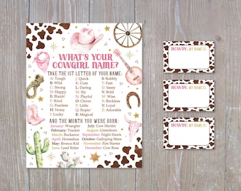 May include: A printable party game for a cowgirl themed party. The game asks guests to take the first letter of their name and find the corresponding word on the list. The game also asks guests to find the word that corresponds to the month they were born. The game includes three blank name tags with the word "Howdy" and a space for the guest to write their name.