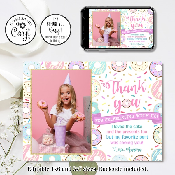 Editable Donut Thank You Card, Donut Thank You, Donut Birthday, 4x6 & 5x7