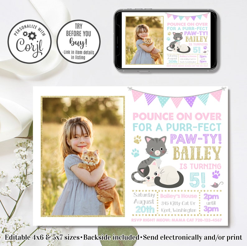 May include: A pink and blue cat-themed birthday invitation with a photo of a girl holding a cat. The invitation says "Pounce on over for a purr-fect paw-ty! Bailey is turning 5!" with a date and time for the party.