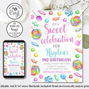 Bearbeitbare Süßigkeits-Geburtstagseinladung, Candyland-Einladung, Süßigkeitseinladung, Süße Feier, 4x6 & 5x7