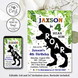 Editable Dinosaur Invitation, Dinosaur 4th Birthday Invitation, Dino Invitation, 4th Birthday, 4x6 & 5x7