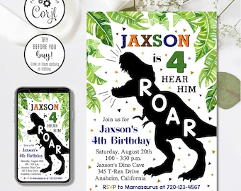 May include: A green, orange, and blue dinosaur birthday invitation with a silhouette of a Tyrannosaurus Rex roaring. The invitation says "Jaxson is 4 Hear Him Roar" and includes details for a dinosaur-themed birthday party.