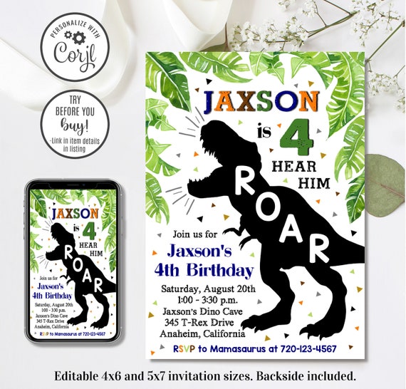Editable Dinosaur Invitation, Dinosaur 4th Birthday Invitation, Dino Invitation, 4th Birthday, 4x6 & 5x7