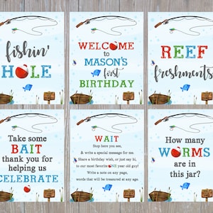 Letreros editables para fiesta de pesca, letreros de cumpleaños de pesca, póster de primer cumpleaños, letrero de bienvenida de pesca, nueve letreros de pesca diferentes