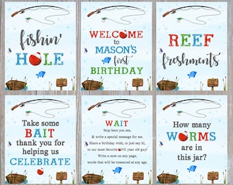May include: Six printable signs with a fishing theme for a birthday party. The signs have blue, green, red, and white text. The signs say "fishin' hole", "Welcome to Mason's first birthday", "Reef refreshments", "Take some bait thank you for helping us celebrate", "Wait stop here you see and write a special message for me", and "How many worms are in this jar?"