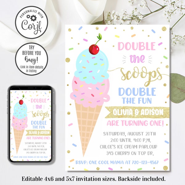 Editable Twins Ice Cream Invitation, Siblings Ice Cream Birthday Invitation, Double Birthday Invitation, 4x6 & 5x7