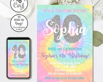 Tie Dye Birthday Invitation Template, Editable Any Age Invite (Instant Download)
